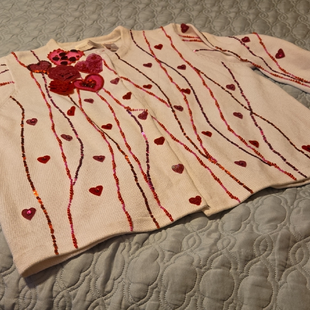 White Cardigan with Heart and Sequin Design